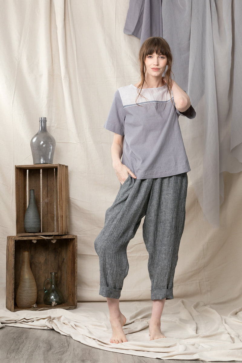 Wide loose cut pure linene pants with cuff folding up
