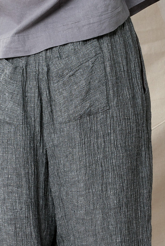 Close up of pocket on crushed pure linen pants
