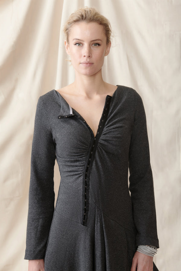 Front of charcoal stretch dress with hook and eye detail 