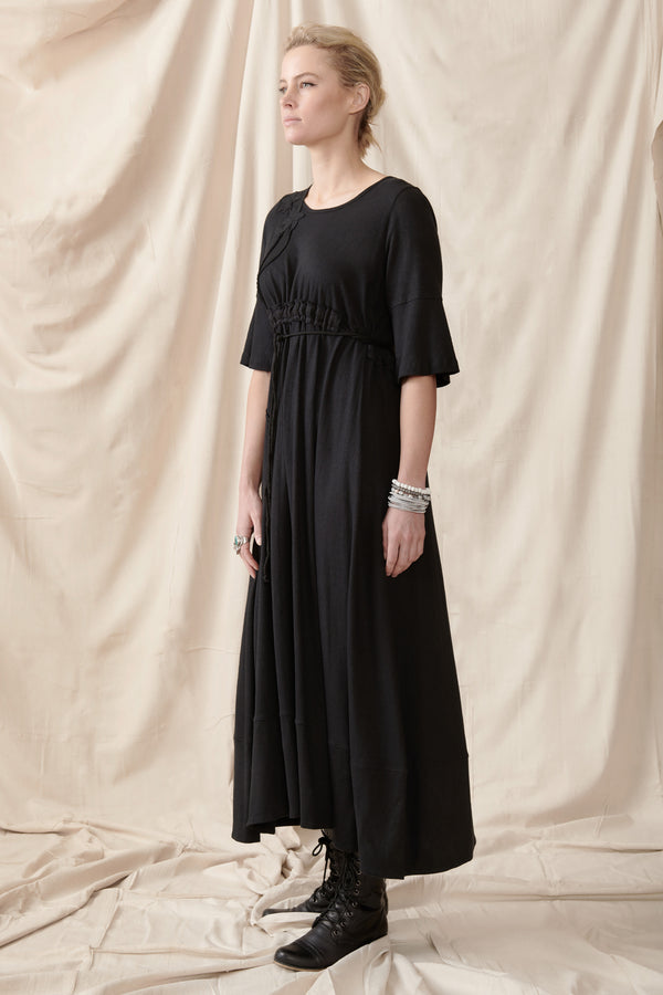Long black hemp organic cotton short sleeve dress