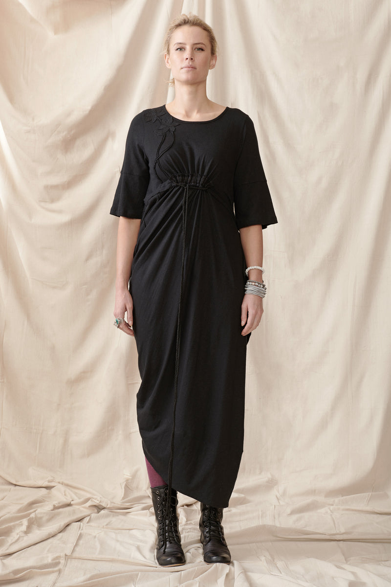 Black short sleeve dress with front tie
