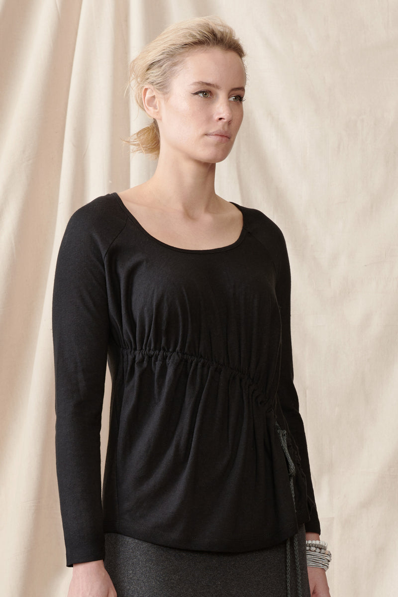 Black long sleeve stretch hemp top with asymmetrical gathers 