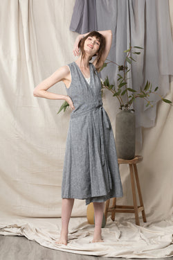 Organic cotton linen summer wrap dress in light grey blue.