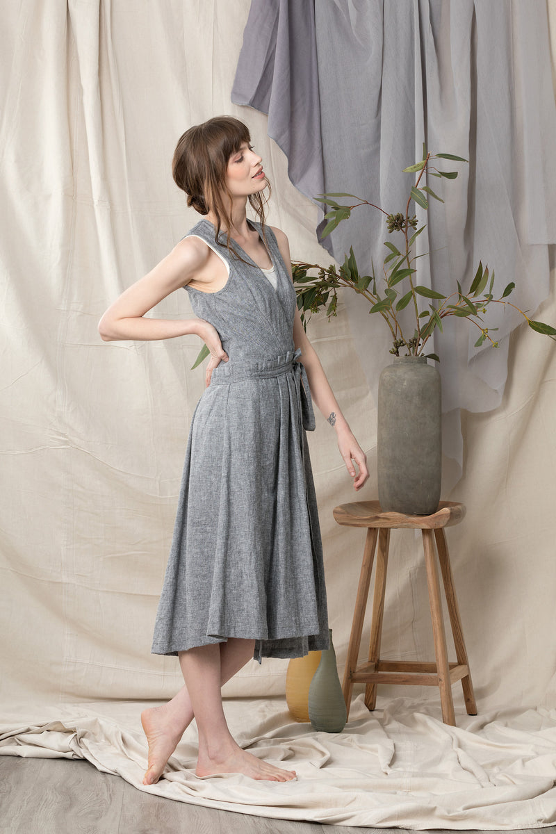 Asymmetrical linen wrap dress in blue grey