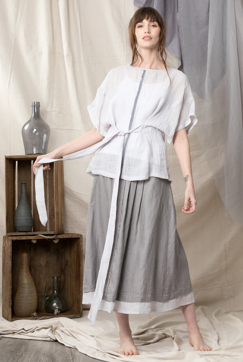 Silver semi sheet pure linen kimono inspired top with a linen skirt in mushroom colour