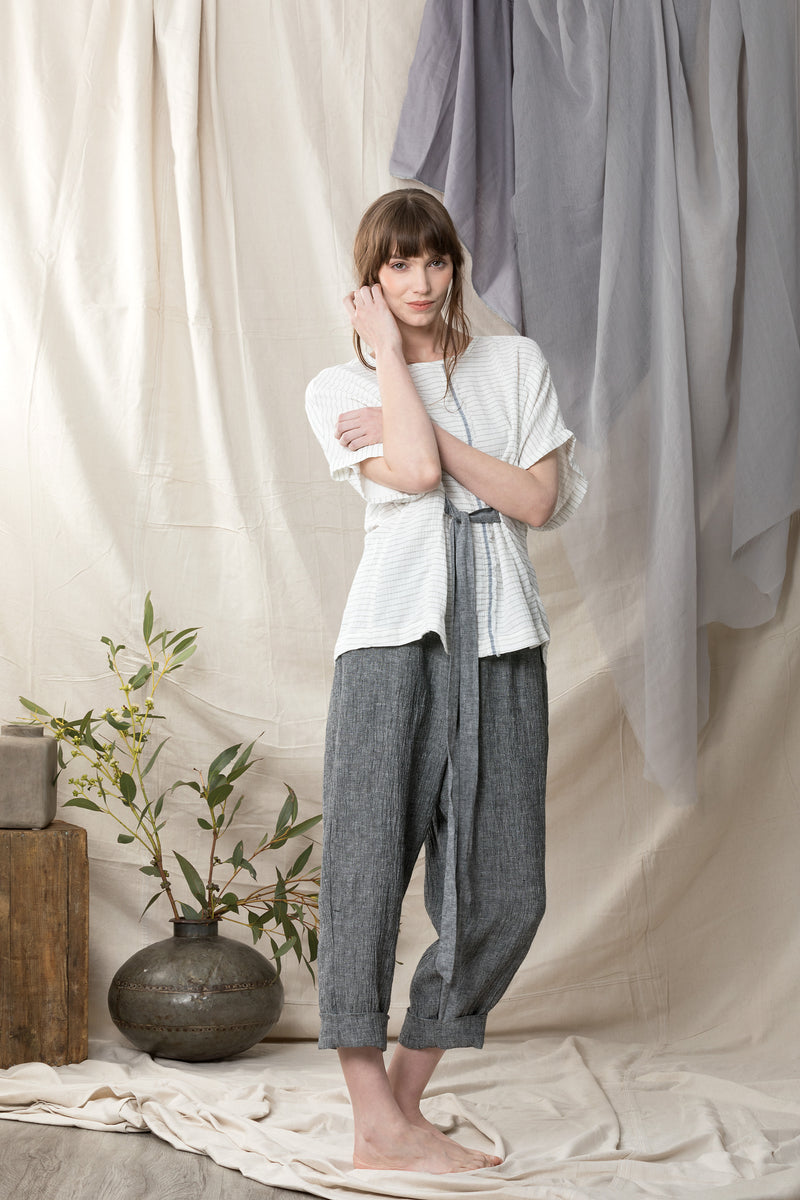 Crushed pure linen wide leg pants in grey with elasticated waist