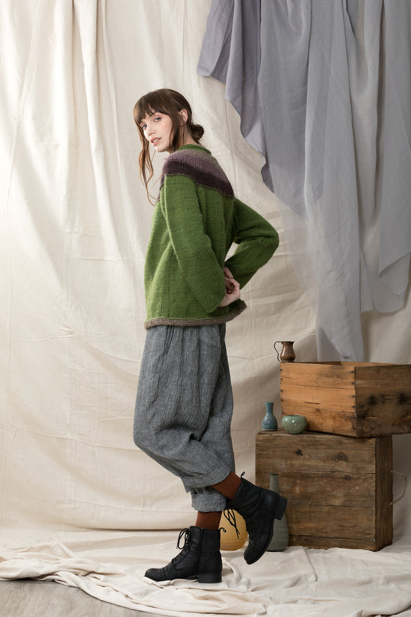 Pure wool jumper worn with grey linen pants and black boots