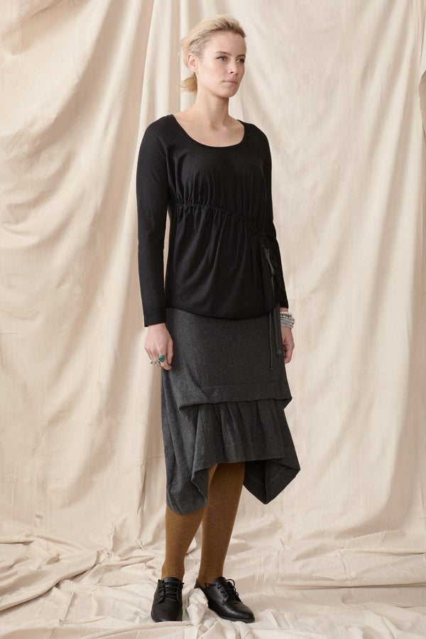Hemp organic cotton charcoal skirt with front pleat and gathers
